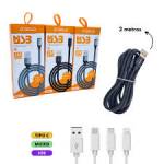 Cabo USB Tipo C Type C c/2.0mts até 5.0A Rápido Turbo CB05-3 Branco aGold