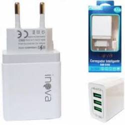 Carregador USB c/Cabo V8 c/3 USB Plug 2P Celular e Outros 5.1 Rapido car-5192Inova Bco/Verm Dani